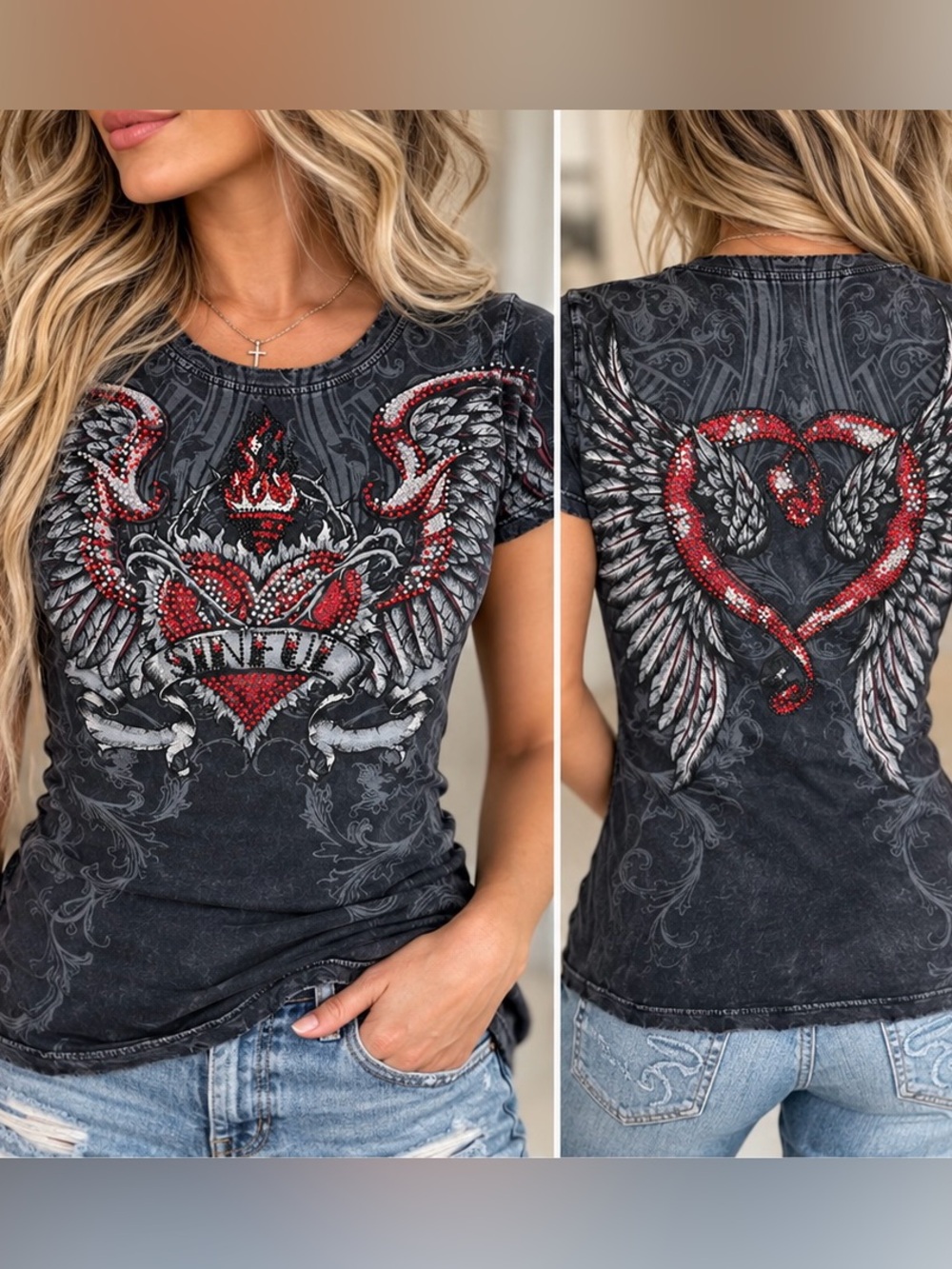 VTG Sinful by Affliction Sacred Heart Angel Wings Rhinestone Graphic Tee, Small